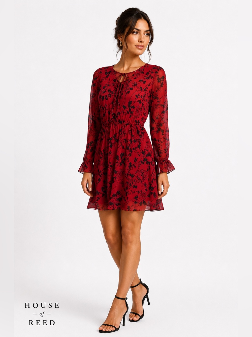 BCBGeneration Red Floral Romper Small Long Sleeve Tie Neck Boho Chiffon Dressy